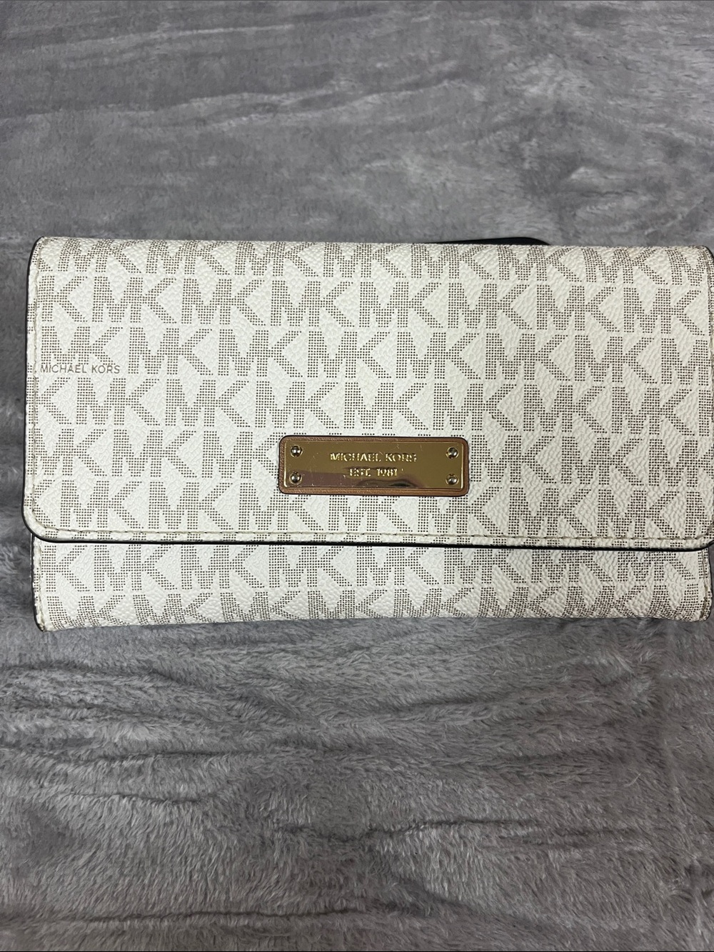 Michael Kors Off-White MK Logo Foldover Clutch with Gold Plaque
